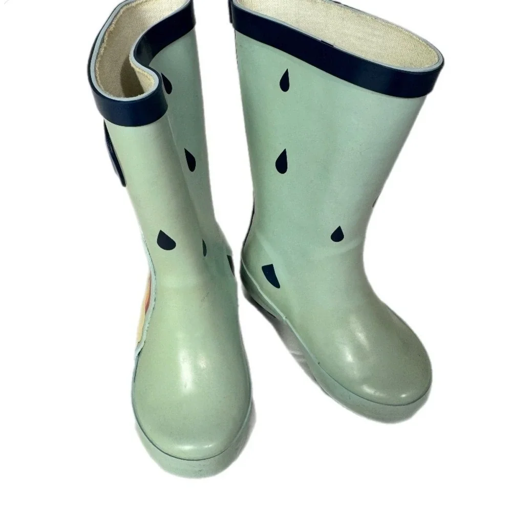 Rainbow Rain Boots Kids Size‎ 5/6 Mint Green Rubber Waterproof Raindrops